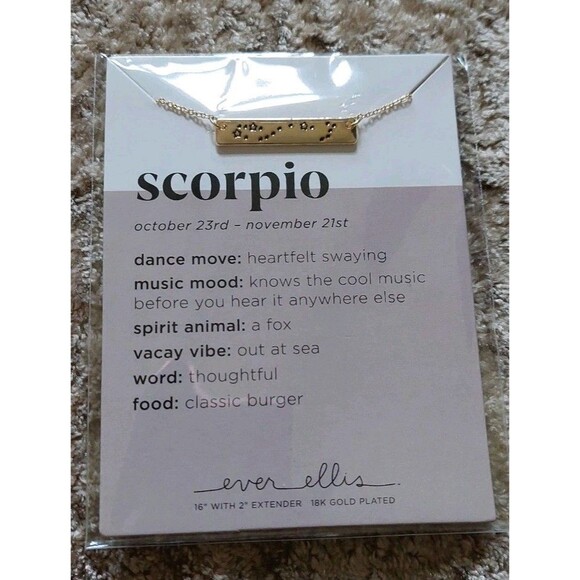 Scorpio Zodiac Bar Necklace 18K Gold Plated Ever Ellis 16" October 23 - Nov 21 - Picture 1 of 3